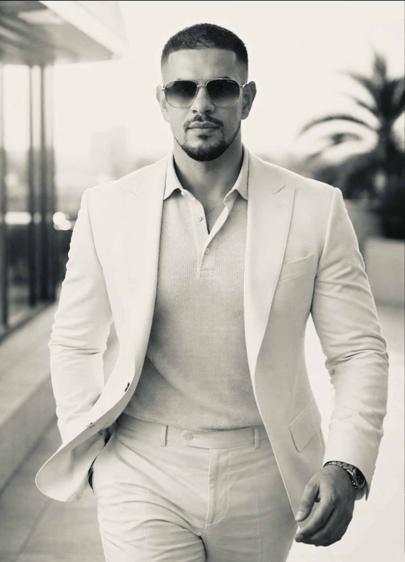 Angelo Garsant in an ivory suit and sunglasses outdoors